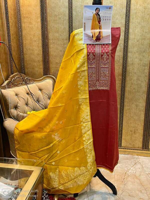 Embroidered Cotton Suit with Banarasi Jacquard Dupatta