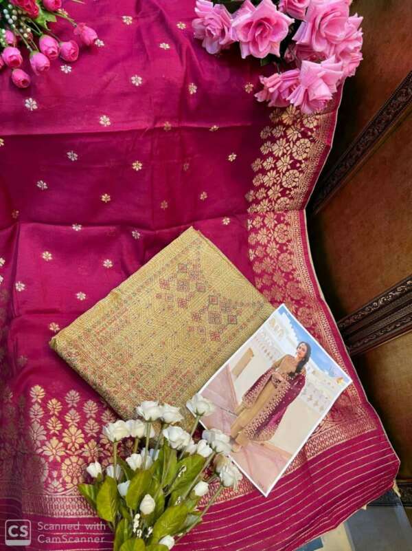 Banarasi Jacquard Dupatta Cotton Suit with Embroidery - Image 3