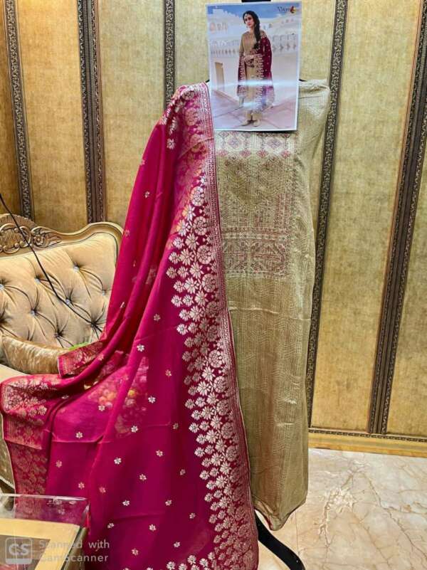 Banarasi Jacquard Dupatta Cotton Suit with Embroidery