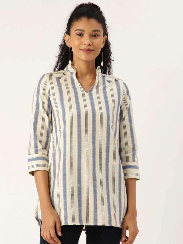 Off White & Blue Pure Cotton Top