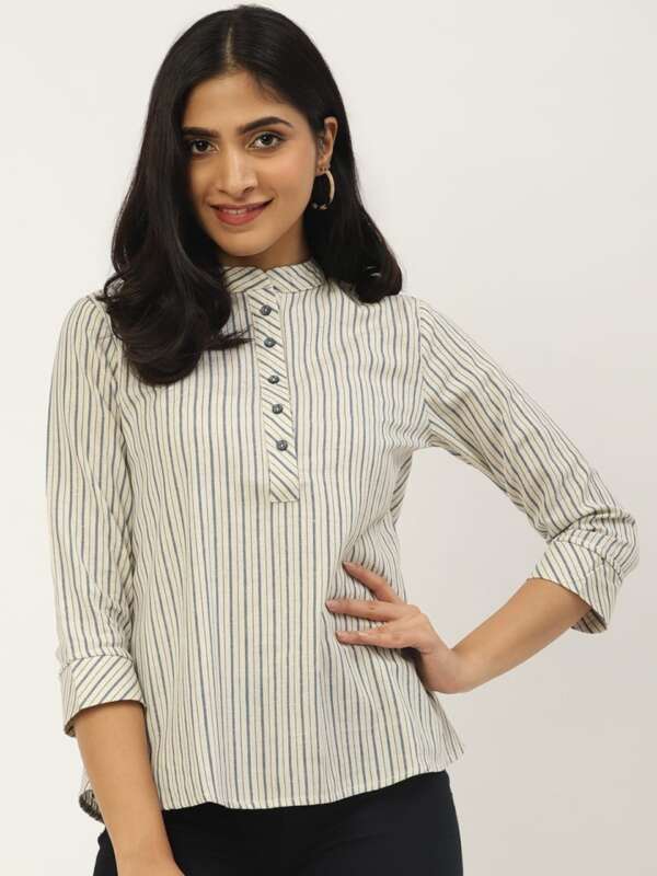Women Off White & Blue Pure Cotton Top