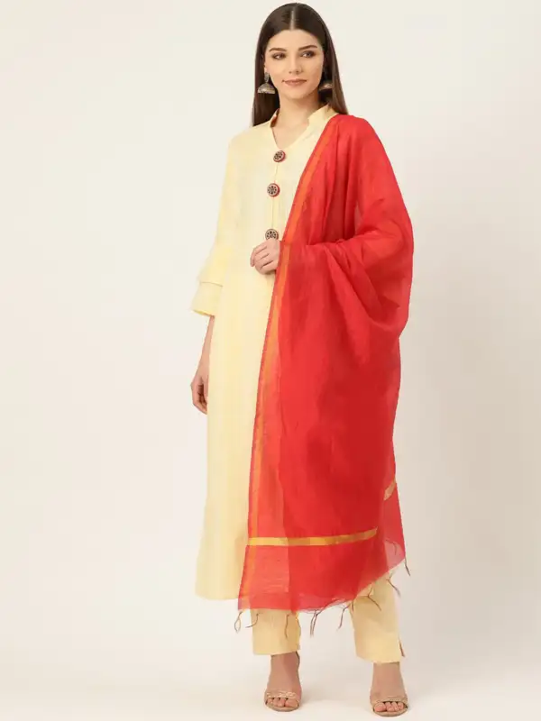 Yellow & Off-White Pure Cotton Self Striped Kurta with Trousers & Dupatta