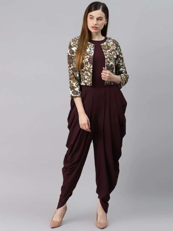 Brown Solid Dhoti Style Jumpsuit With Jacket