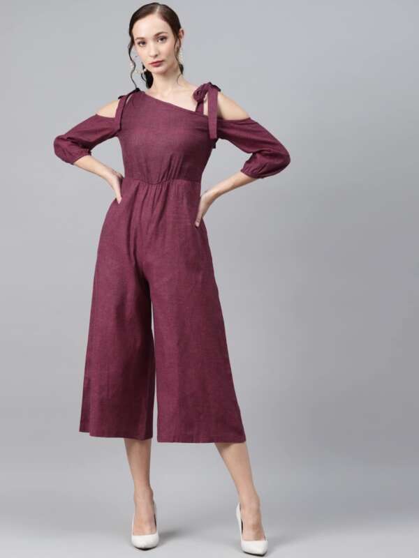 Burgundy Solid Gathered Culotte Jumpsuit