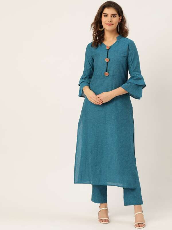 Women Teal Blue Cotton Solid Kurta with Trousers
